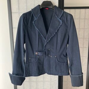 Vintage Furst Distressed Blue Tailored Blazer Jacket Fringe Brass Buttons Cotton